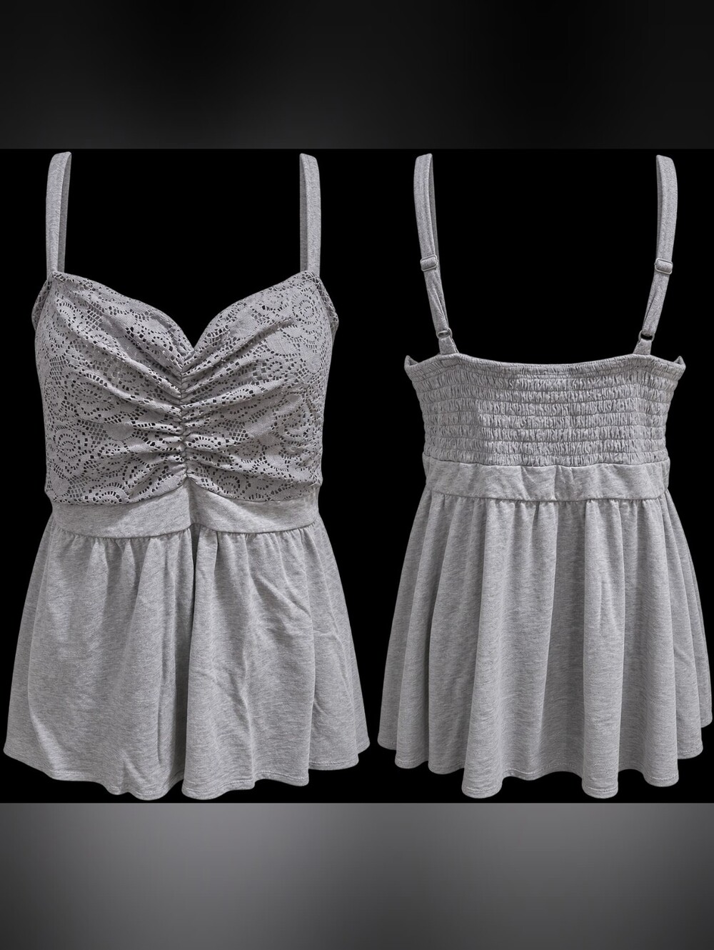Torrid Gray Lace Ruched Babydoll Cami Top Size 1